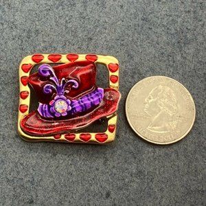 AJMO Pin Brooch Red Hat Society Purple Rhinestone Gold Heart Rectangle Frame